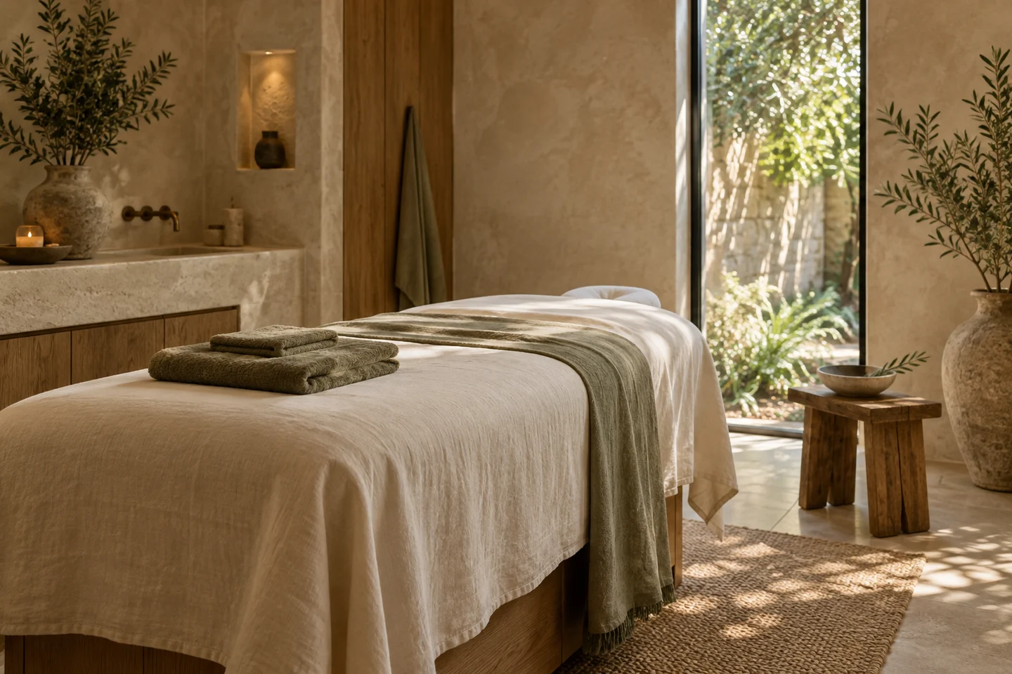 A peaceful treatment room in warm linen and olive tones