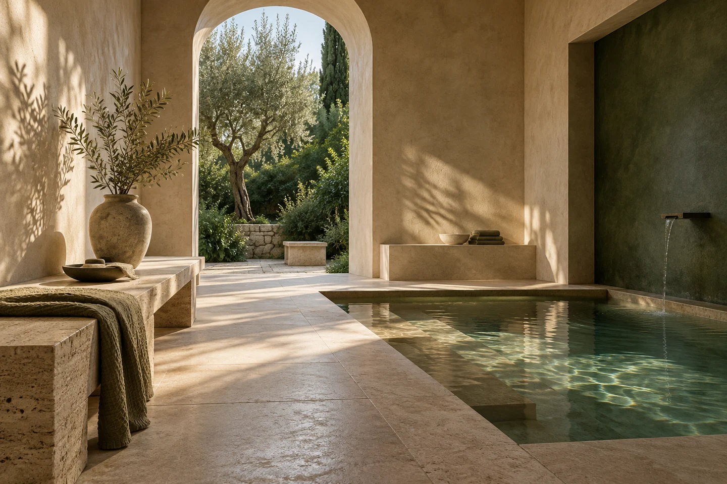 Sunlight falling across a limestone pool and a quiet garden doorway