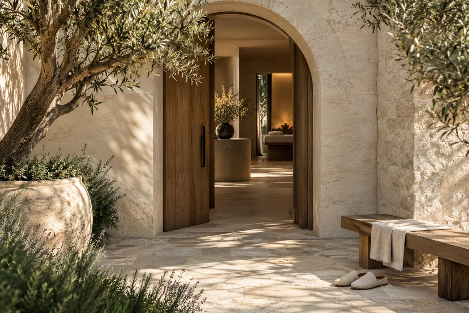 Limestone spa entrance with an olive tree, linen slippers and wooden bench