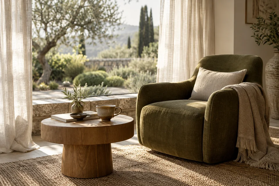Olive reading chair and a cup of tea beside a quiet garden window