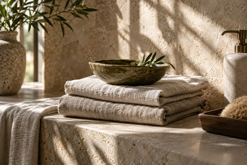 Folded linen towels and an olive ceramic bowl in soft window light